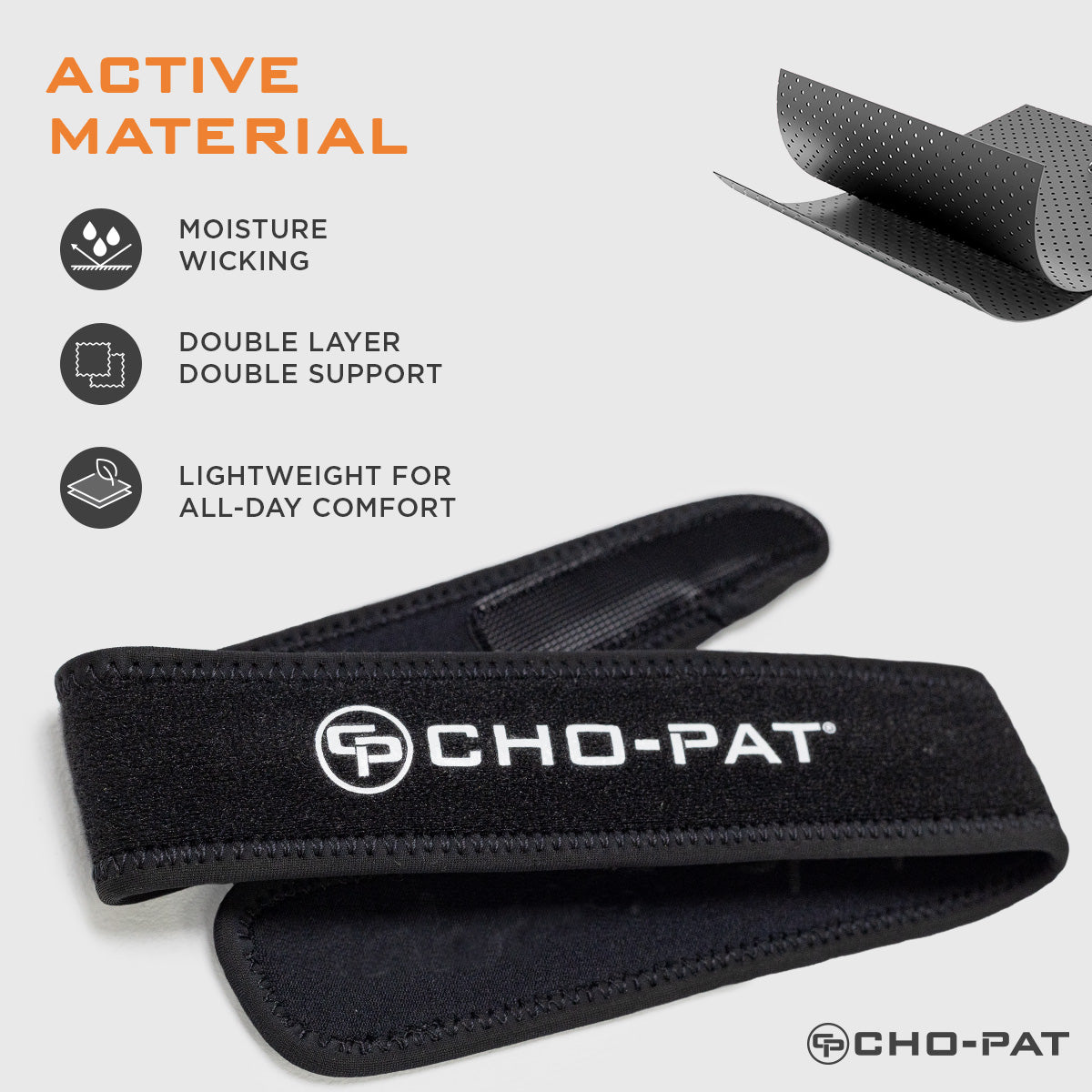 Close-up of the Cho-Pat Patella Knee Strap with icons highlighting moisture-wicking material, double-layer support, and lightweight comfort.