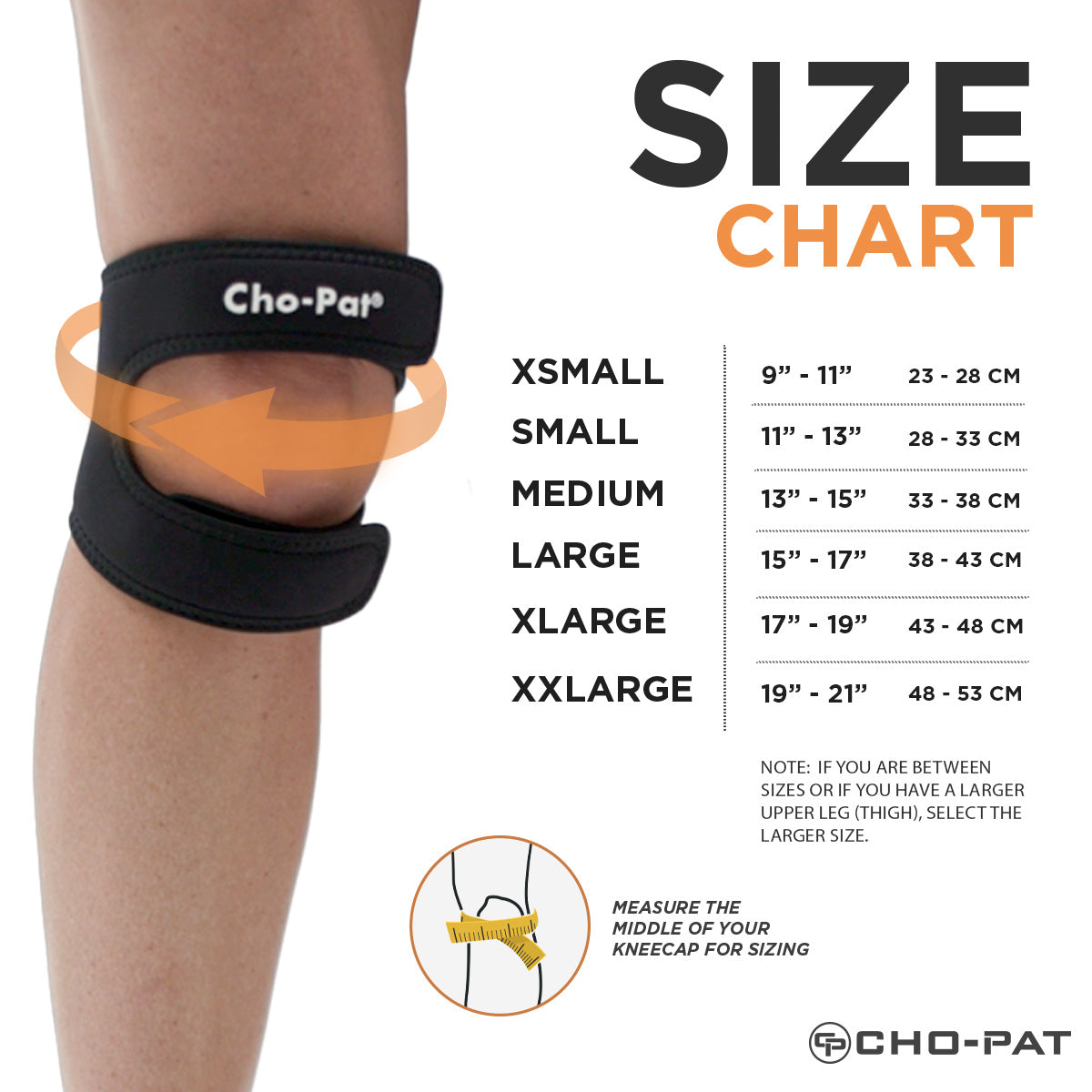 Cho-Pat Dual Action Knee Strap sizing chart