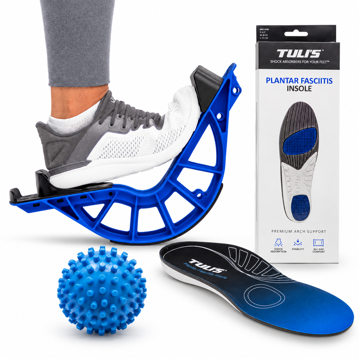 Heel & Arch Recovery Bundle with Tuli's Plantar Fasciitis Insoles, ProStretch Plus calf stretcher, and Footy Massage Ball
