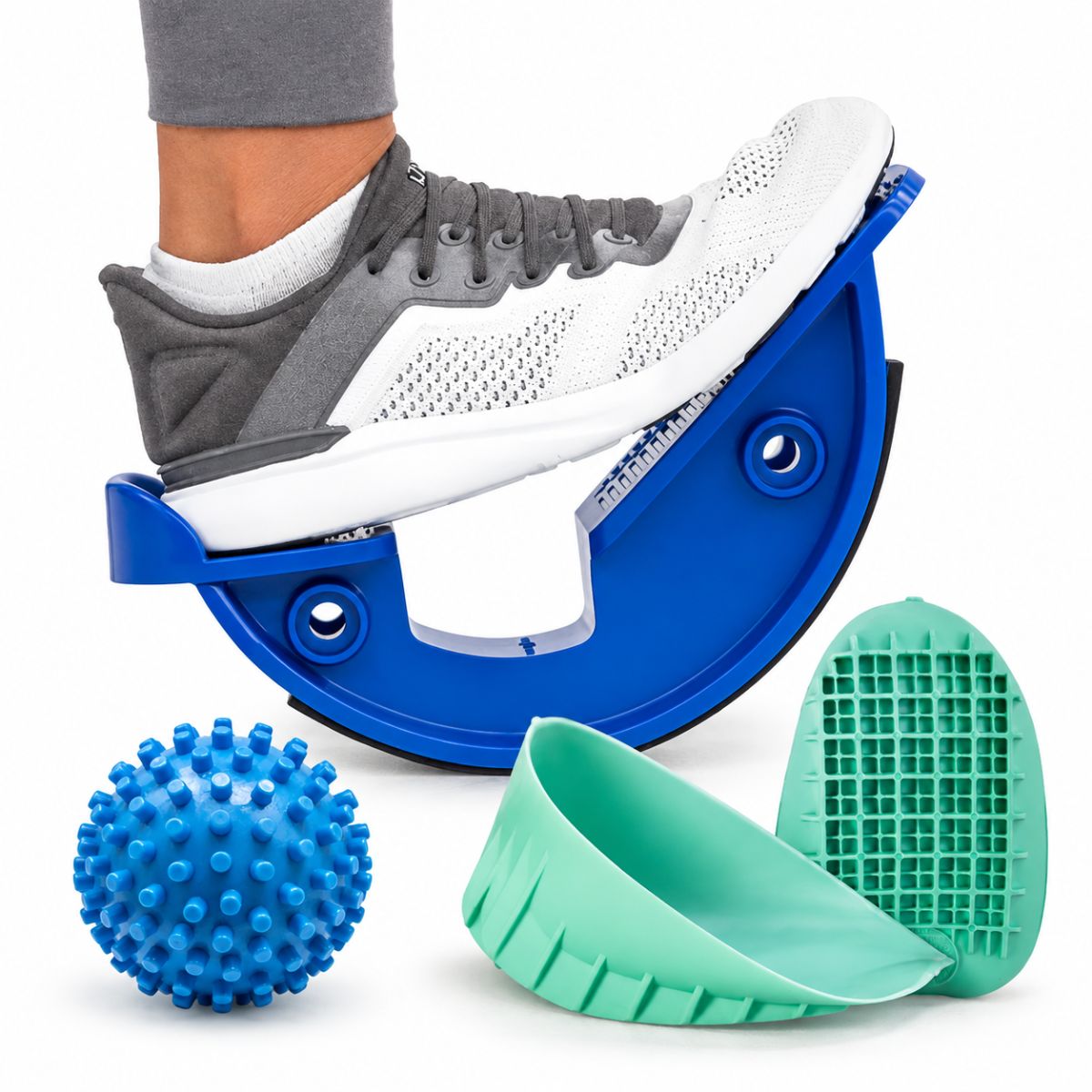 Heel & Foot Support Bundle with Tuli's Heavy Duty Heel Cups, ProStretch Original Calf Stretcher, and Footy Massage Ball.