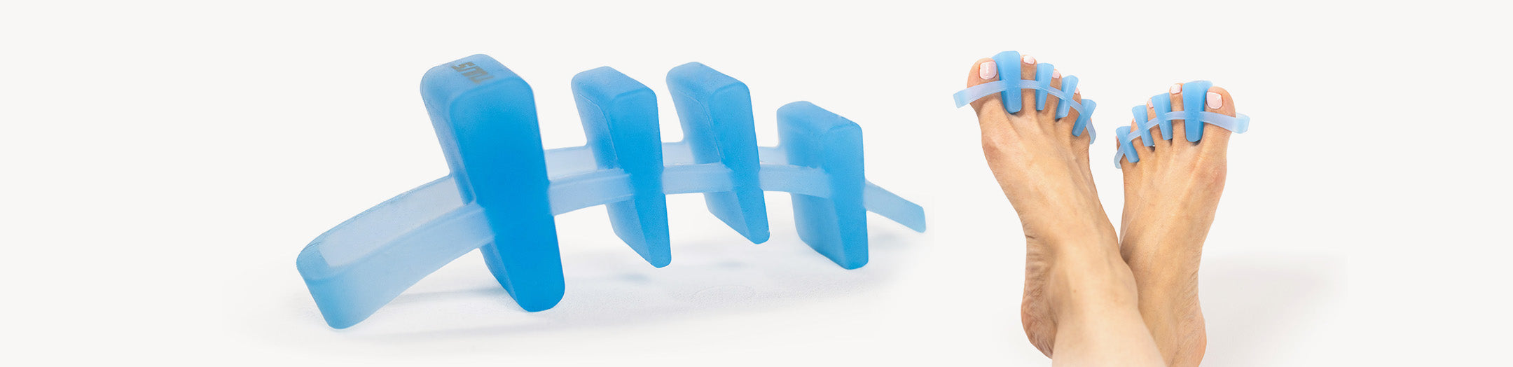 Blue Tuli's Soft Moves toe separators made of soft, flexible material shown both individually and worn on feet to help stretch and align toes.