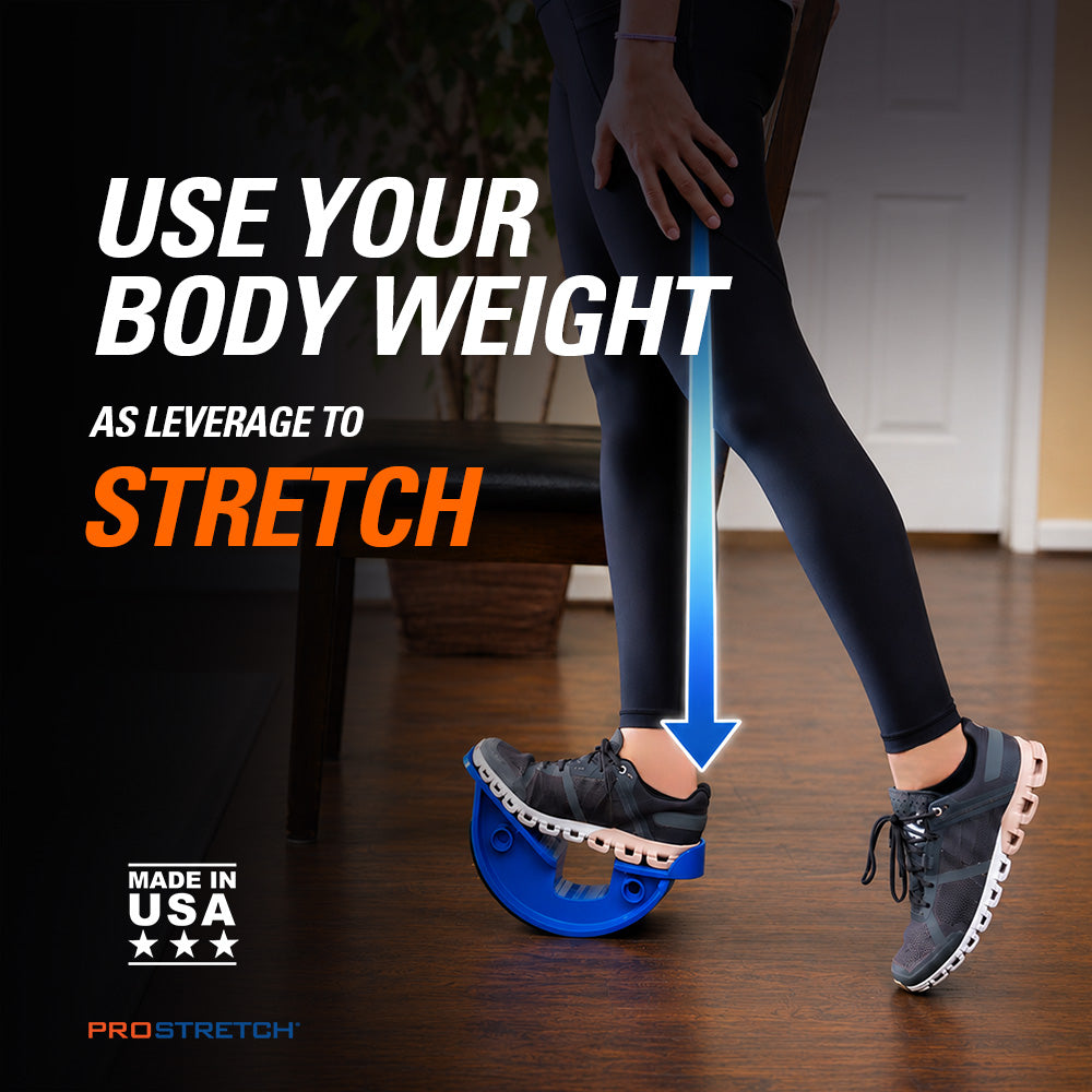 Person using ProStretch Original foot rocker calf stretcher with body weight leverage for a deeper calf and foot stretch