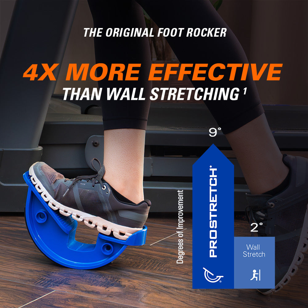 Person using ProStretch Original foot rocker calf stretcher with comparison showing greater ankle range of motion improvement than wall stretching