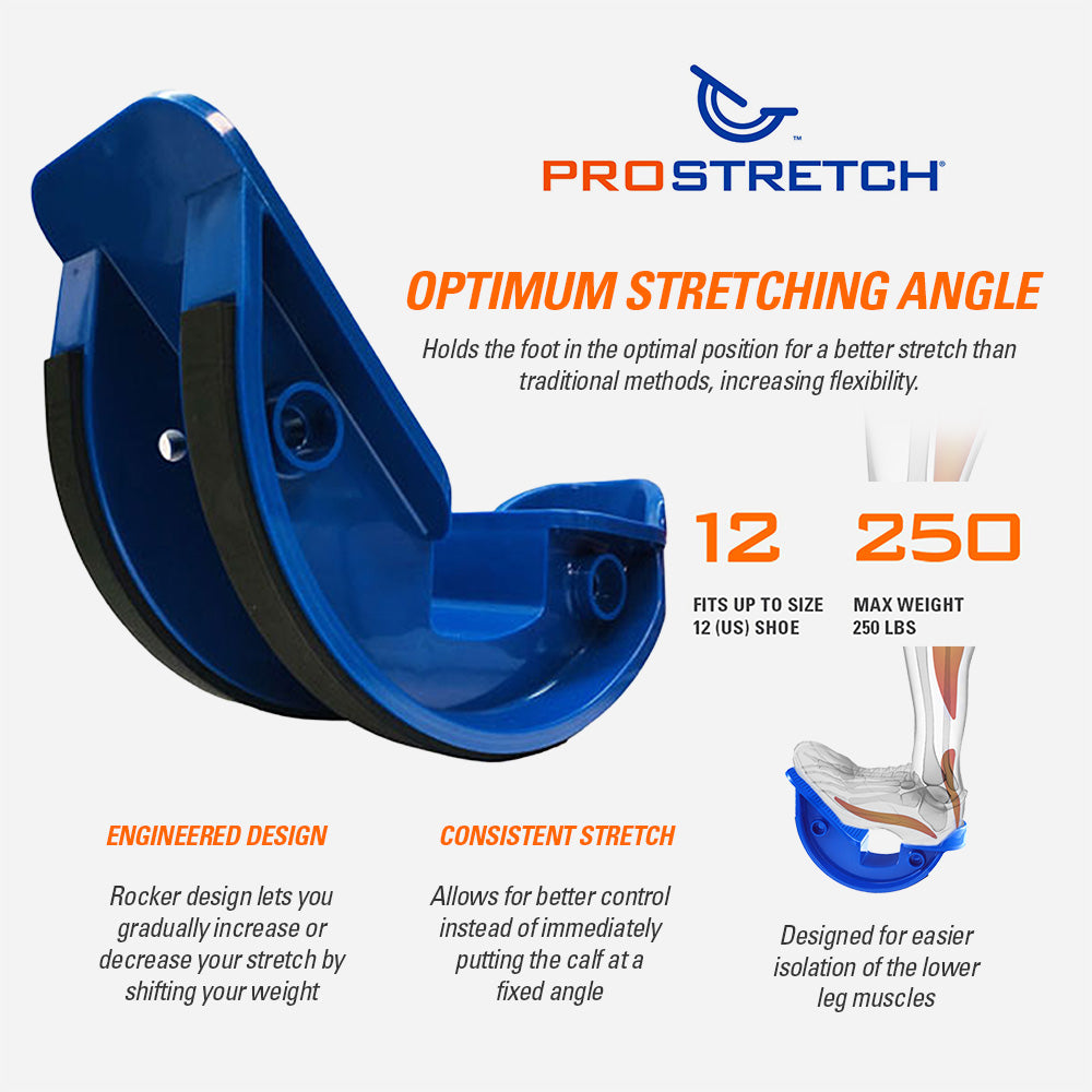 ProStretch Original foot and calf stretcher featuring an optimum stretching angle for controlled calf and foot stretching with shoe size and weight capacity information