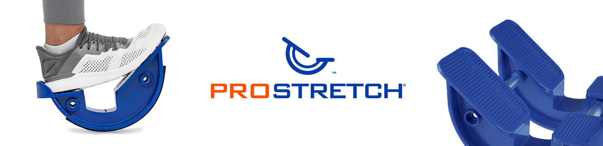 A ProStretch foot stretcher shown with a person's foot on the left, a close-up of the ProStretch Double on the right, and the ProStretch brand logo in the center.