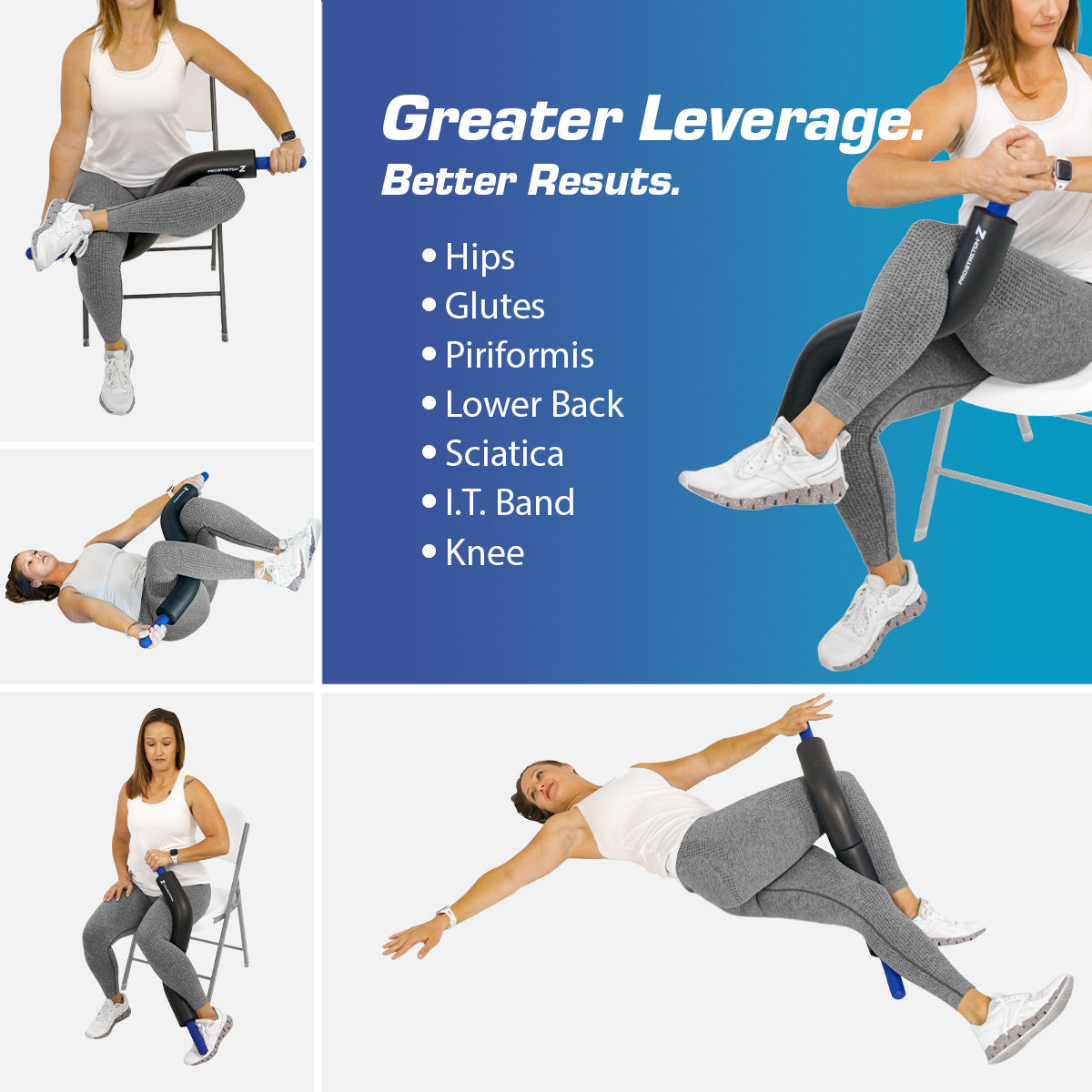 Woman demonstrating multiple stretching exercises with the ProStretch Z mobility tool, targeting the hips, glutes, piriformis, lower back, IT band, and knees to improve flexibility and mobility.