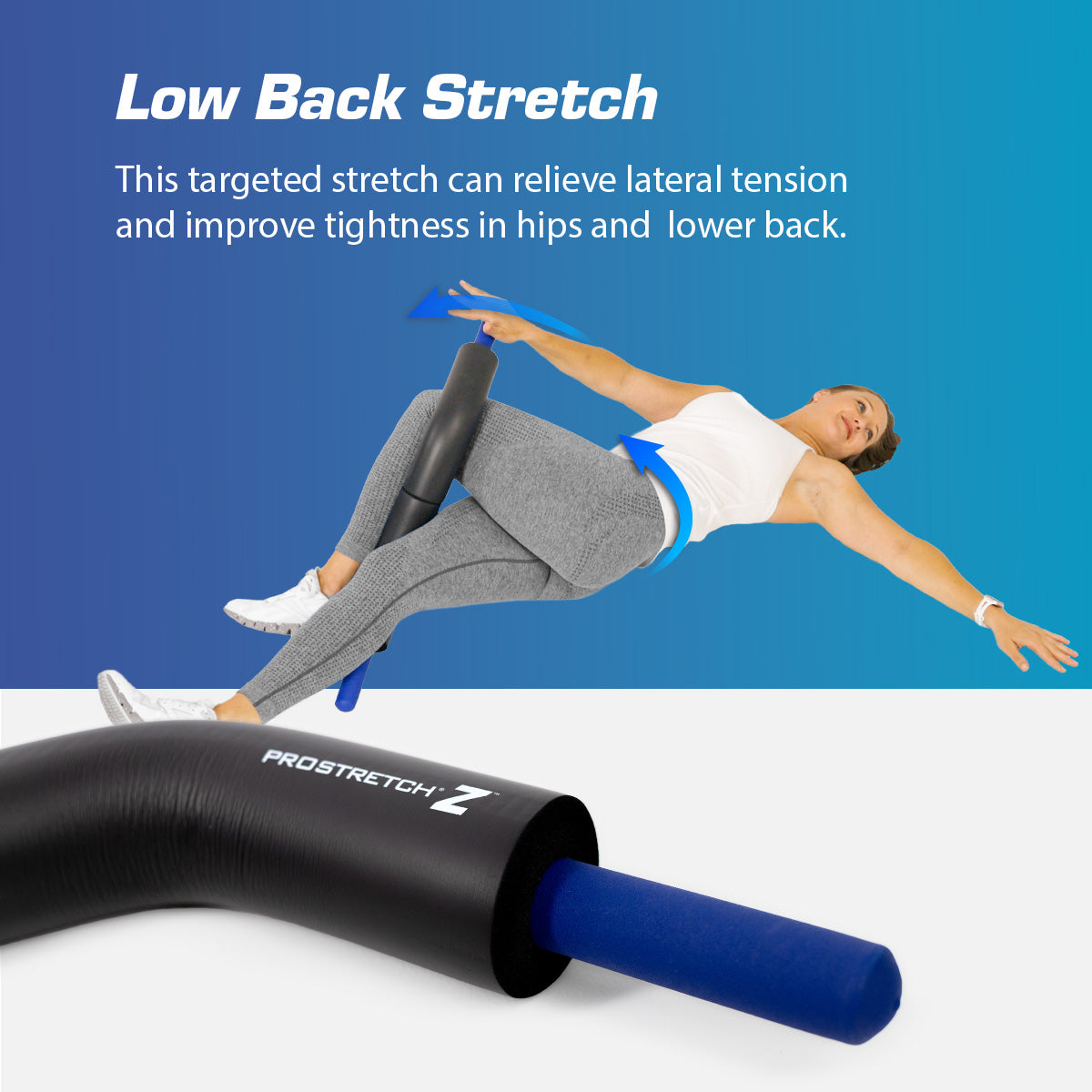 Woman demonstrating a lying lower back stretch using the ProStretch Z stretching tool, with directional arrows showing the twisting movement to help relieve tightness in the lower back and hips.