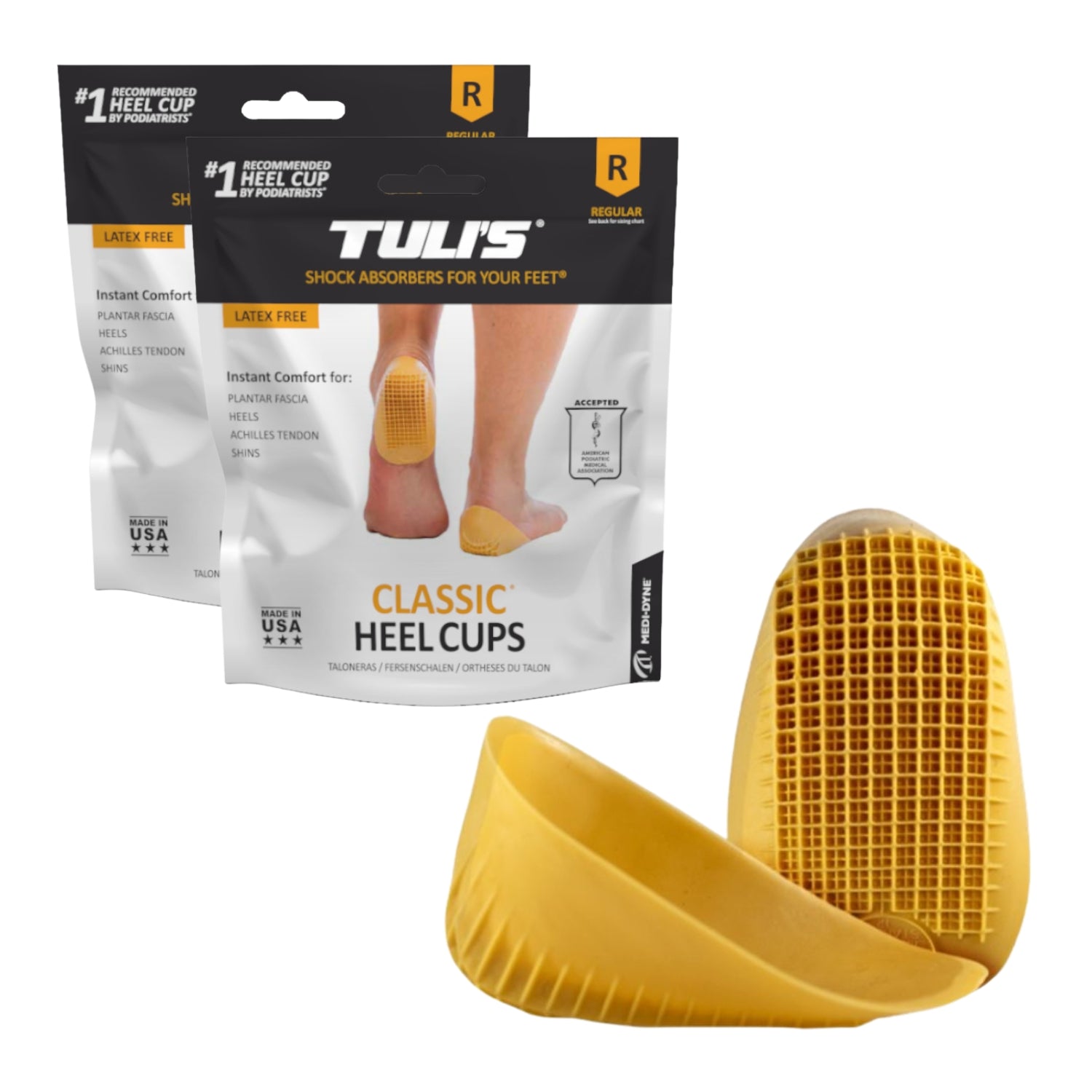 Tuli’s Classic Heel Cups 2-Pack multi-pack showing two retail packages and yellow shock absorbing heel cup inserts.
