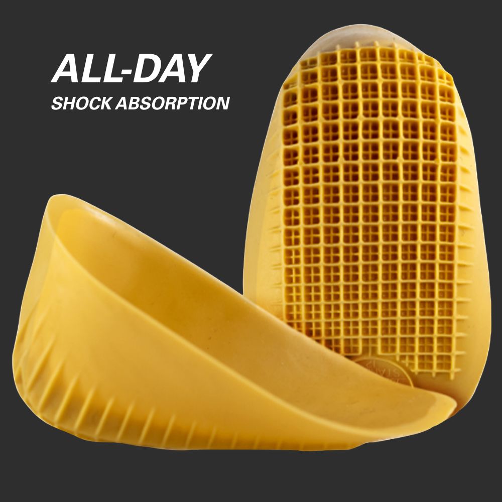 Tuli’s Classic, yellow heel cups shown with grid cushioning design for all-day shock absorption.