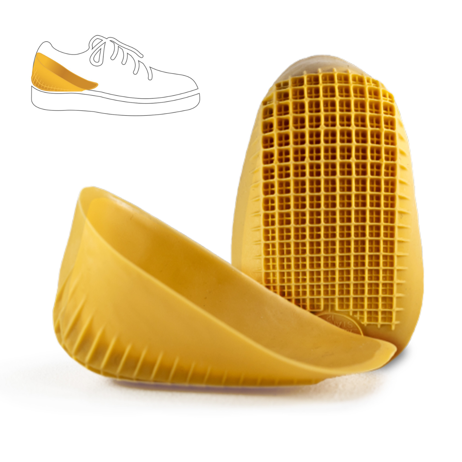 Tuli’s Classic Heel Cups yellow shock absorbing heel inserts shown on white background with heel grid design detail.