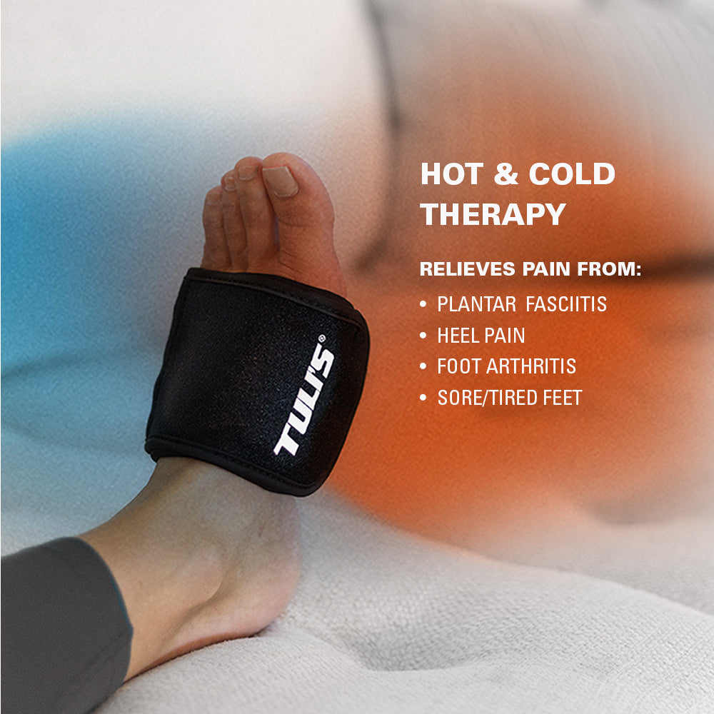 Foot wearing a hot and cold therapy wrap 