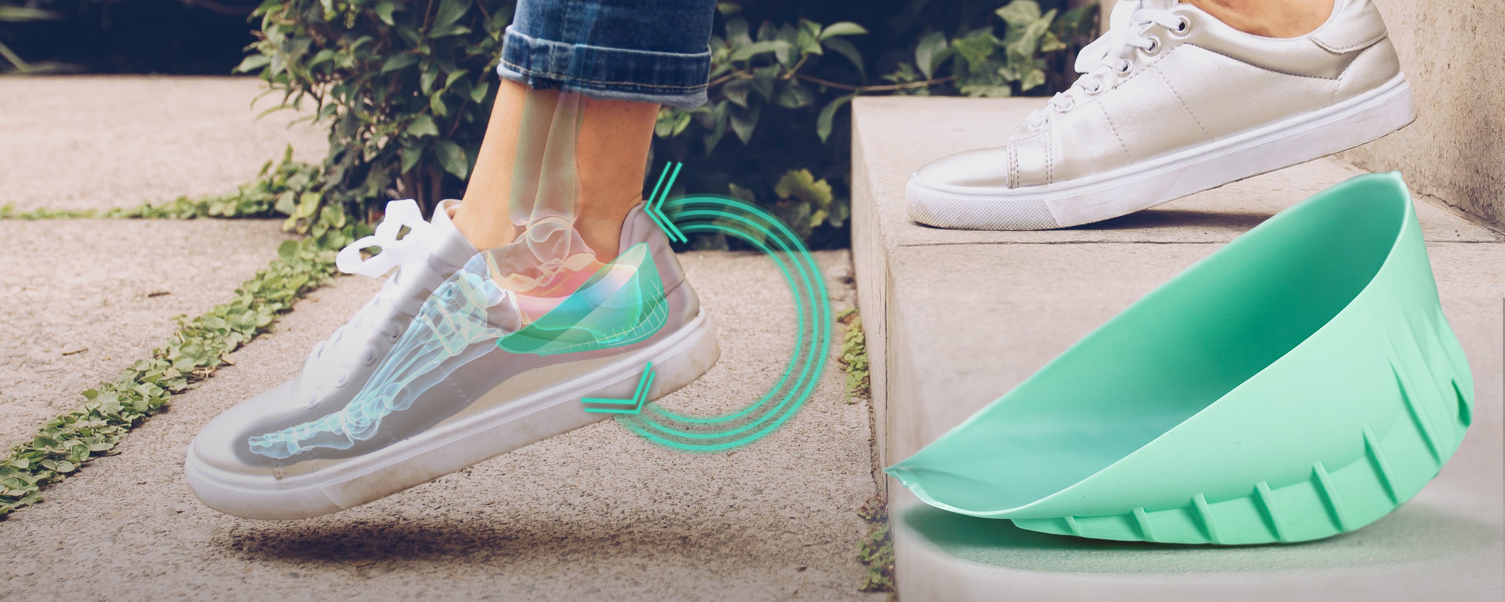 Person walking down steps with a Tuli’s Heavy Duty heel cup insert shown cushioning the heel inside the shoe.