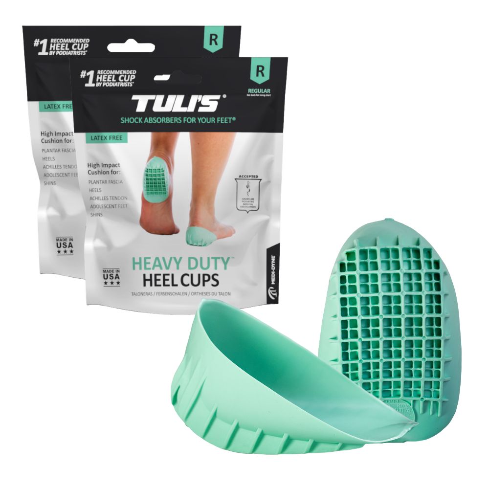 Two-pack bundle of Tuli’s Heavy Duty Heel Cups displayed with green heel cup product.