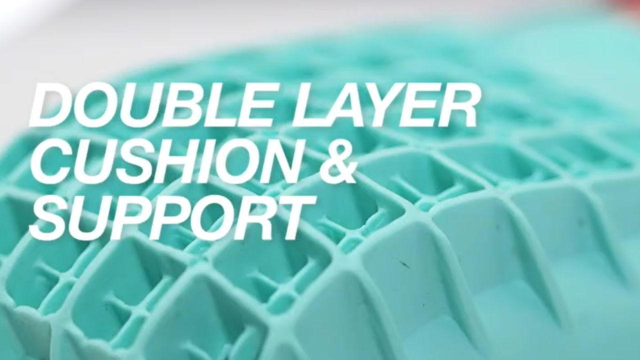 Close-up of Tuli’s Heavy Duty Heel Cups showing double layer cushion and support design with text overlay.