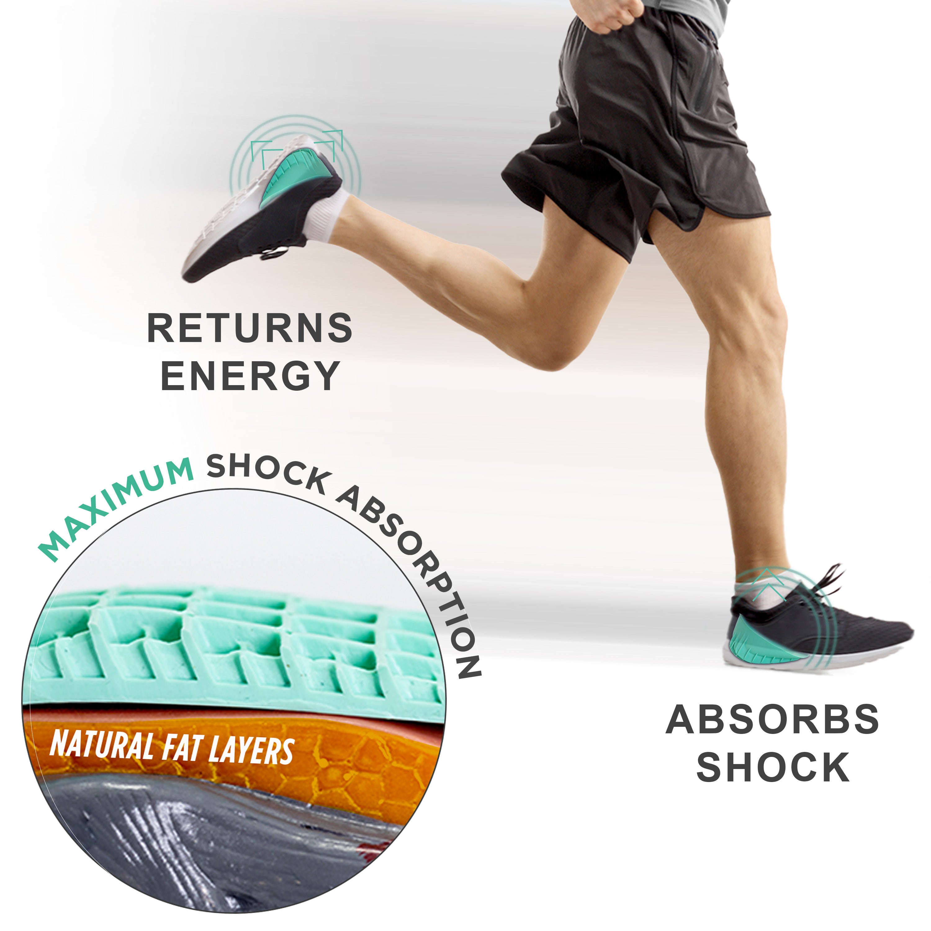 Runner wearing shoes with Tuli’s Heavy Duty Heel Cups designed for shock absorption and heel cushioning.