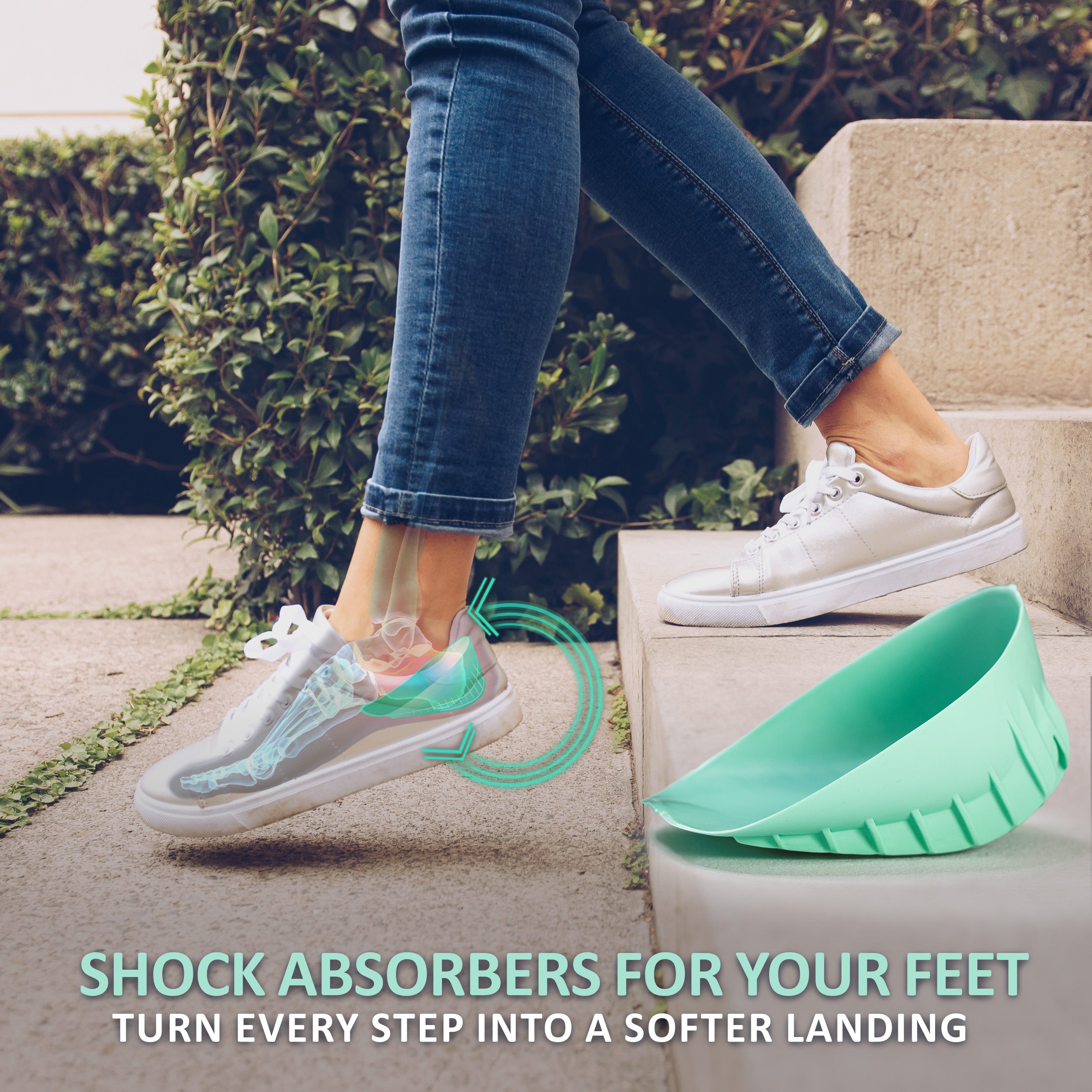 Person stepping down stairs with Tuli’s Heavy Duty Heel Cup shown cushioning the heel inside the shoe.