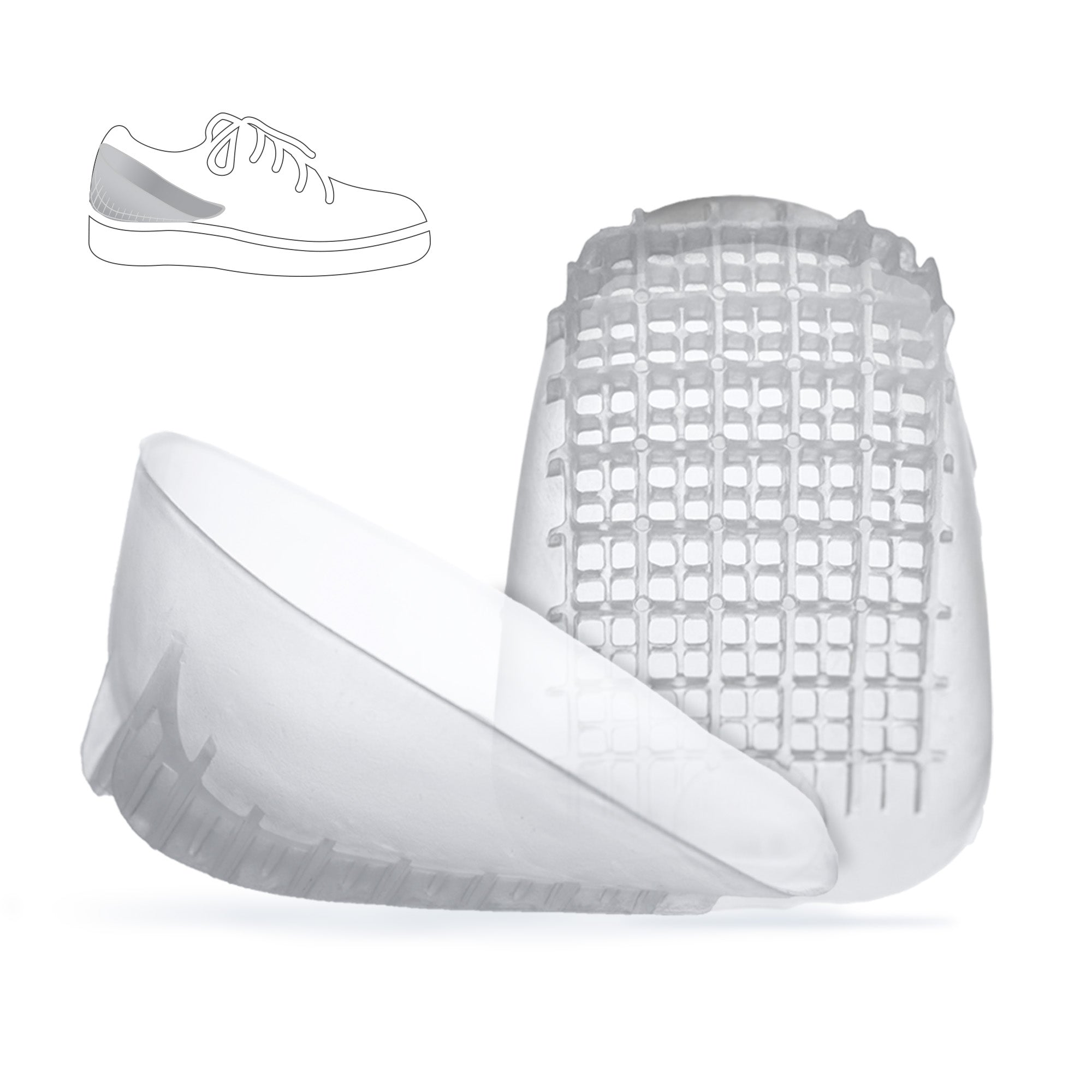Diagram showing a Tuli's Heavy Duty GEL Heel Cup insert and how it is positioned inside a shoe.