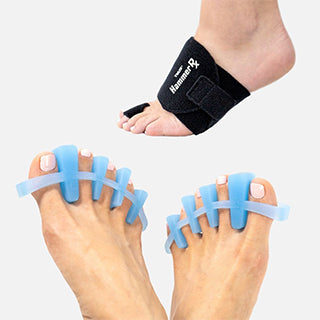 Tuli’s Soft Moves toe separators and Tuli's HammerRx worn on the foot for Hammer toes