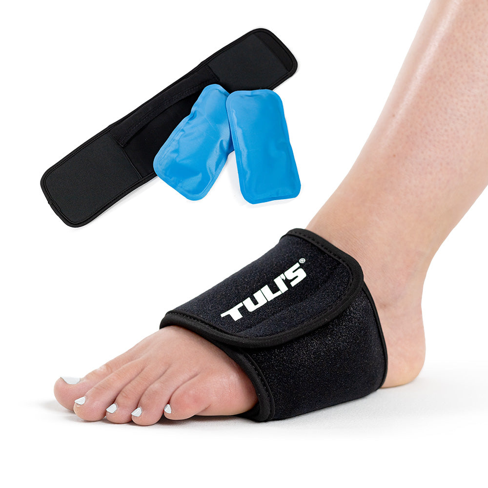 Tuli’s Therapy Wrap worn on foot with hot and cold gel packs for targeted pain relief.