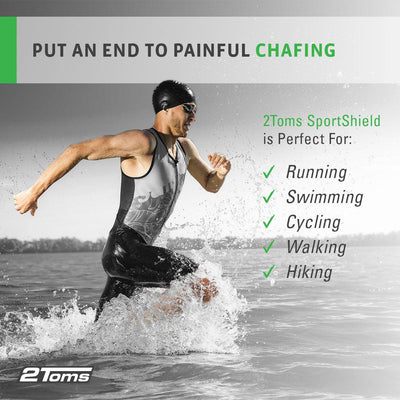 athlete running in water in wetsuit, using SportShield to put an end to chafing, perfect for running, swimming, cycling, walking, hiking