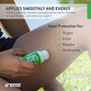 Woman applying SportShield Roll-On smoothly and evenly on thighs, groin, nipples, and underarms