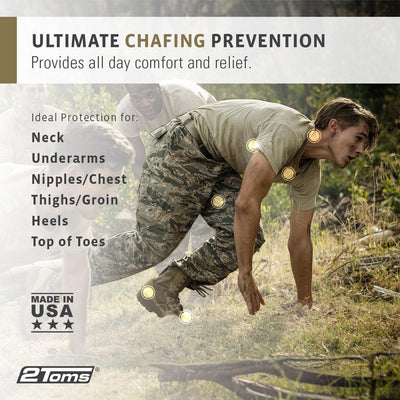 Soldiers running on an obstacle course, 2Toms Chafe Defender Ultimate Chafing Prevention, Ideal protection for neck underarms, nipples, chest, thighs, groin, heels, tops of toes