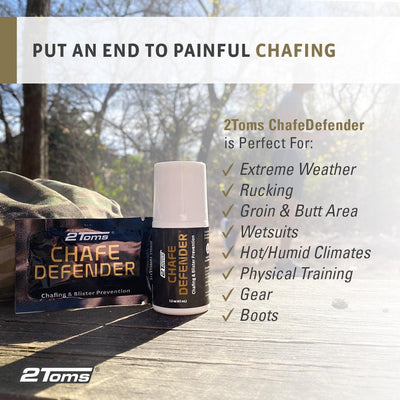 2Toms ChafeDefender puts an end to painful chafing, perfect for extreme weather, rucking, wetsuits and more!