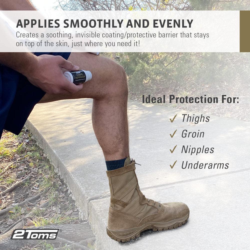 2Toms Chafe Defender's Rolll-On bottle applies smoothly and evenly, creating a soothing, invisible coating and protective barrier that stays on top of the skin, just where you need it