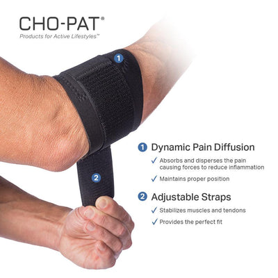 Man putting on the Cho-Pat Golfer's Elbow Support: features include dynamic pain diffusion and adjustable straps