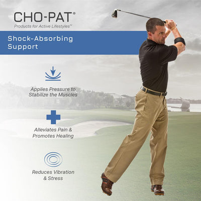 Man golfing wearing the Cho-Pat Golfer's Elbow Support to provide shock absorbing support
