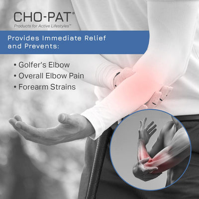 Golfer holding elbow where he is experiencing golfer's elbow pain. The Cho-Pat golfer's elbow support provides immediate relief and prevents golfer's elbow, overall elbow pain, forearm strains