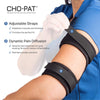The Cho-Pat Bicep Tricep Cuff features adjustable straps and dynamic pain diffusion to absorb and disperse pain causing forces