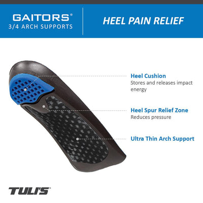 Tuli's Gaitors 3/4 Arch Supports; Heel Pain Relief; heel cushion stores and releases imipact energy, heel spur relief zone which reduces pressure, ultra thin arch support