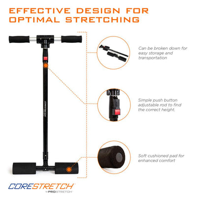CoreStretch by ProStretch is effectively designed for optimal stretching, can be broken down, simple push button operation, soft cushioned pads for support