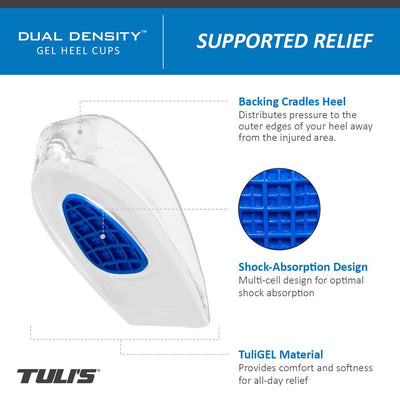 Tuli's Dual Density Heel cups cradles the heel, features a shock-absorption design, and is made of TuliGEL Material for all day softness comfort and relief