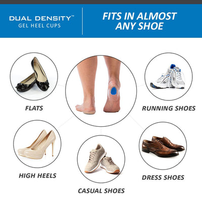 Tuli's Dual Density Heel Cups can be used with flats, high heels, casual shoes, dress shoes, and running shoes