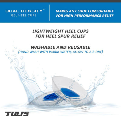 Tuli's Dual Density Heel Cups, the lightweight heel cups for heel spur relief, washable and reusable