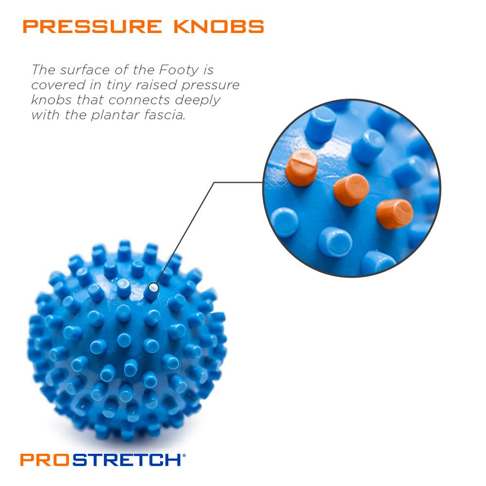 The footy massage ball features pressure knobs, tiny raised surfaces that connect deeply with the fascia