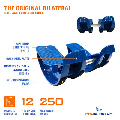 ProStretch Double The Original Calf and Foot Stretcher features an optimum stretching angle, back heel plate, biomechanically engineered design, and slip resistance pads