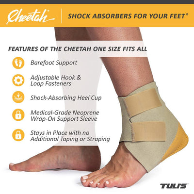 Tuli's Cheetah bare foot support, Adjustable hook and look fasteners and a shock absorbing heel cup all in a medical-grade neoprene sleeve