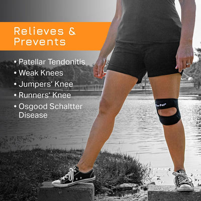 Lady wearing the Cho-Pat Dual Action Knee Strap by the lake