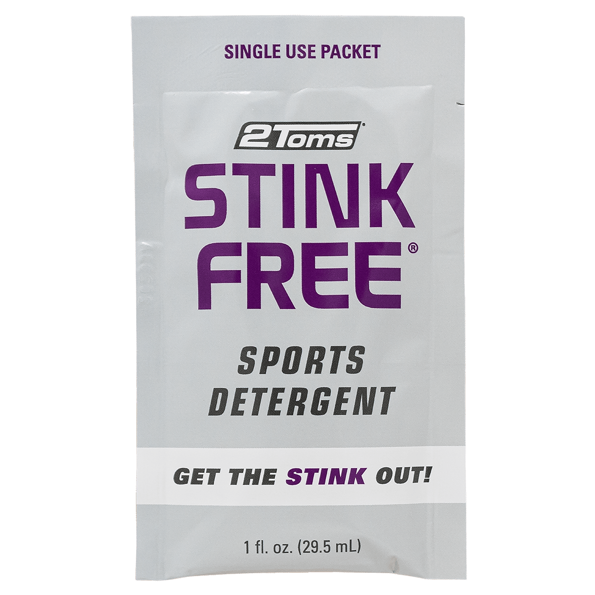Front view image of 2Toms StinkFree Sports Detergent single-use packet.