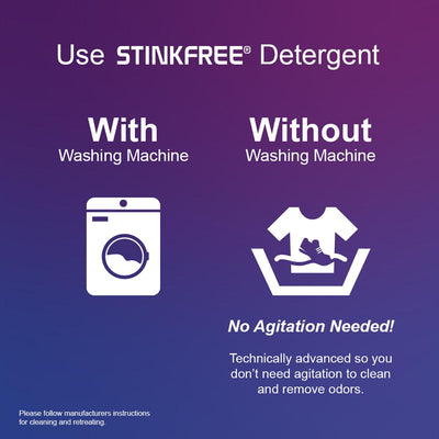 Image showing ways you can use 2Toms StonkFree Sports Detergent, with washing machine or without washing machine.