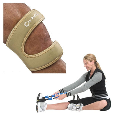 Tan Dual Action Knee Strap and a lady using a StretchRite