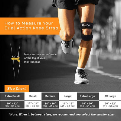 Sizing chart with runner wearing the Cho-Pat Dual Action Knee Strap