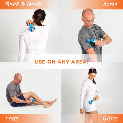 Four images showing different parts of the body you can use the Uno Massage Roller